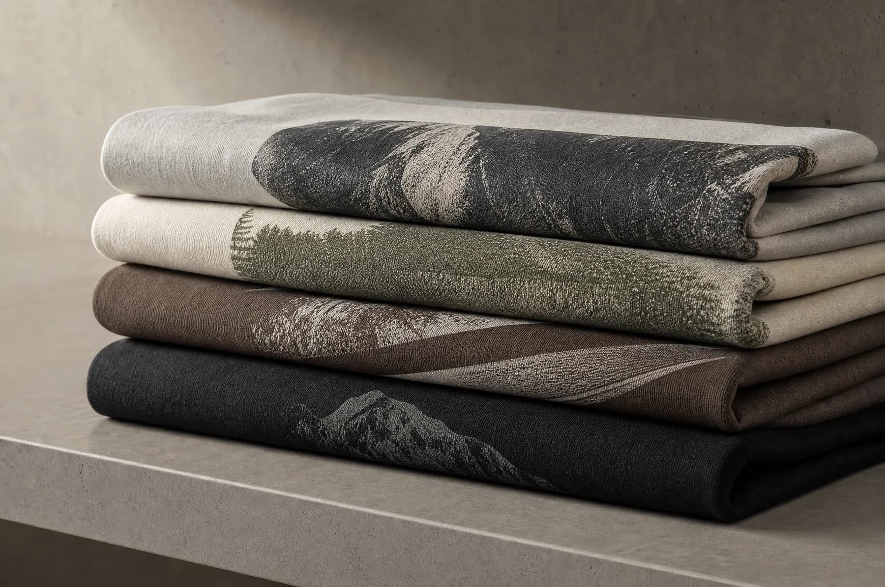 Four printed t-shirts folded and stacked, each showing a sliver of a different print surface at the fold.