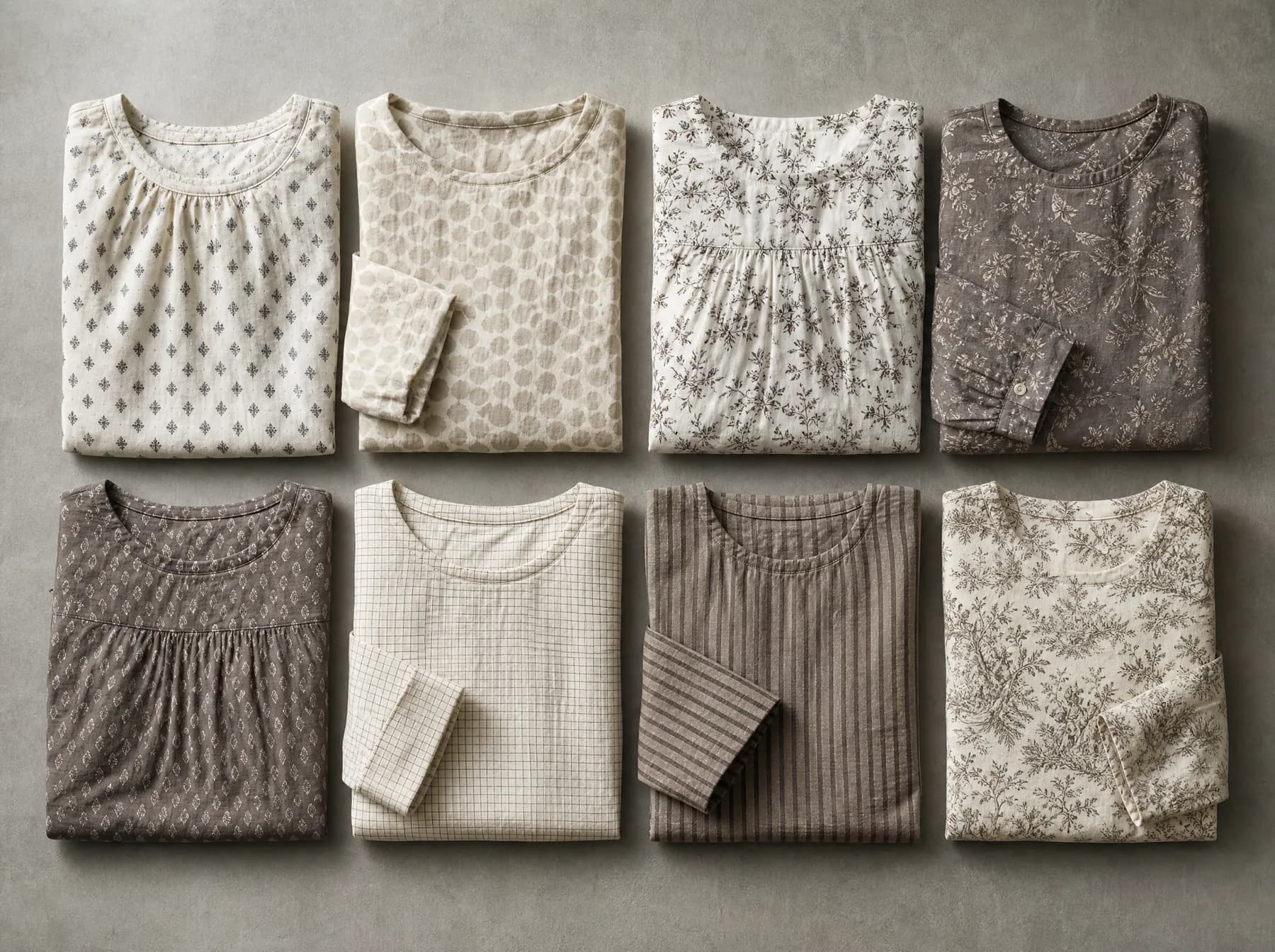 Eight folded printed garments arranged in a grid, each showing a different print surface.